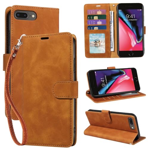 JHWVVTF for iPhone 8 Plus Case Wallet for iPhone 6/6S/7 Plus Case [RFID Blocking 4 Card Slots] 2025 Soft PU Leather Phone Cover Wrist Strap Shockproof Protective Stand Flip (Brown)