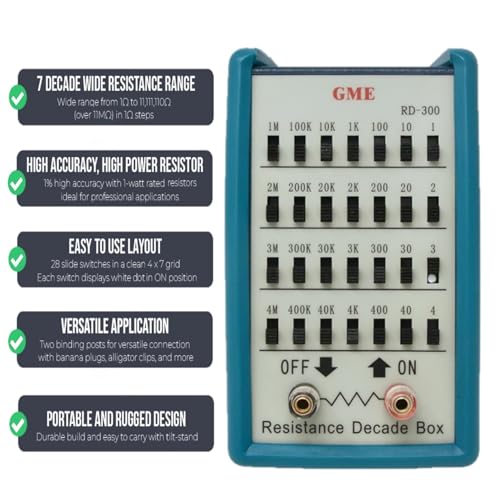 gme rd-300 resistance substitution decade box 7 decades range 1 to 11m 1 accuracy 1-watt rated resistors designed in the usa