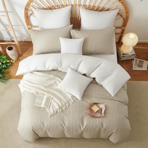 Image of Nayoroom Striped Duvet Cover Queen Size Reversible Brown White Striped Duvet Cover Girls Dorm Bedding Set 3 Pieces Soft Lightweight Washed Microfiber Farmhouse Bedding Set