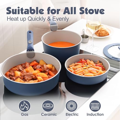 Image of SENSARTE 24 Piece Ceramic Pots and Pans Set, Nonstick Detachable Handle Cookware, Induction Kitchen Cookware Set with Removable Handle, Healthy Non Stick for RV, Dishwasher&Oven Safe, PFOA Free (Navy)