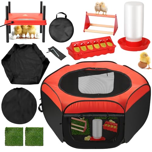 Upgrade Chick Starter Kit, 6-in-1 Chicken Brooder Box for Chicks Includes Pop-Up Chicken Playpen Tent,12 * 12' Heat Brooder Plate, Chicks Feeder, Waterer, Perch & Nesting Pad for Poultry Ducks Quail