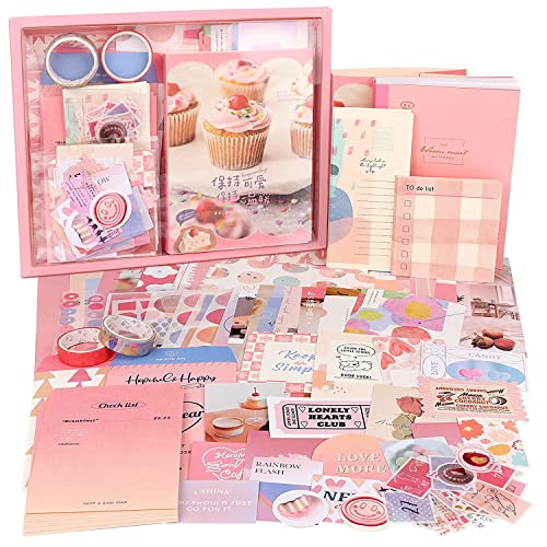 Image of MGNLR Paper Vintage Aesthetic Scrapbook Kit(346Pcs) Scrapbooking Supplies Kit with Bullet Junk Journal,Stationery,A6 Grid Notebook Journaling Gift for Girl (Pink Scrapbook)