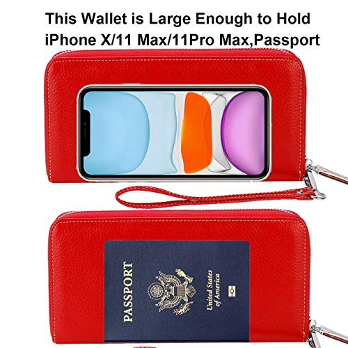 Lavemi Women's Rfid Blocking 100% Leather Large Capacity Zip Around Wallet Phone Holder Clutch Travel Purse Wristlet(Large Size Pebble Red) #TOP4