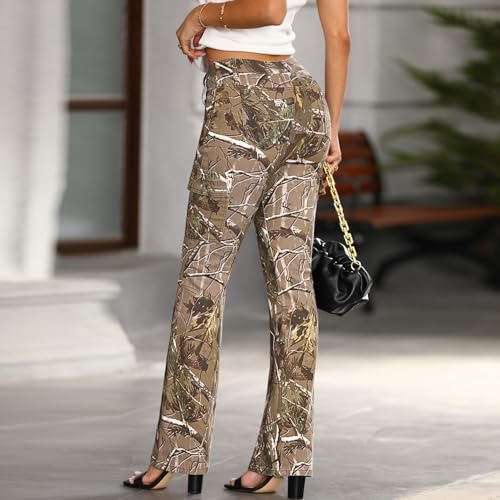 Women Camo Print Bootcut Jeans Mid Waisted Camouflage Cargo Slim Stretch Flare Denim Pant with Flap Pockets2