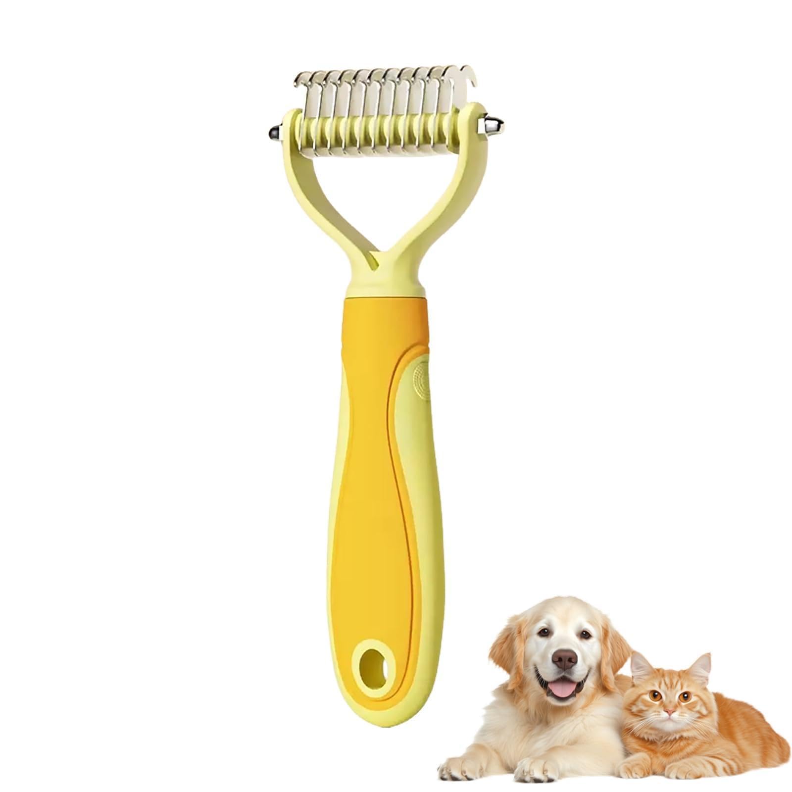 Pet Pro Grooming Tool, Double-Sided Deshedding Pet Grooming Brush, Professional Dematting Comb for Dog and Cat for Long Haired Cat Dogs Removing Loose Undercoat Tangles Mats (Yellow,S)
