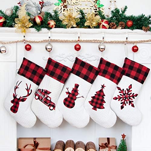 LUBOT Set of 5 Christmas Stocking(20inch) Silhouette Buffalo Red Plaid/Rustic/Farmhouse/Country Cotton Fireplace Hanging Xmas Stockings Decorations for Family Holiday Season Decor