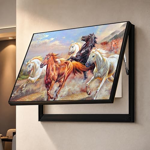 Image of Electric MCB Box Cover Frame With Hydraulic Decorative White 7 Running Horse Painting Electrical Panel box Cover, Switch Box Frame Will Fit Max 15x20 inch Switch Board, Outer Box Size 17X23 Inch