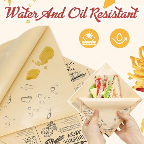 Forbabe 150 Stück Burger Papier Dickes, 18x18cm Burger Tüten Deli Papierblätter, Sandwich Papier, Wasserdicht und Öl Burgerpapier, Dönertüten Pommes für Korb, für Sandwich Pommes Frites