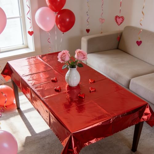 Image of 10 Pcs Valentine's Day Foil Table Cloth Disposable Rectangle Tablecloths 54 x 108 Inch Red Pink Foil Metallic Waterproof Table Cover for Valentine's Day Events Birthday Parties Wedding Decorations