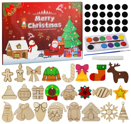 Craft Advent Calendar 2025-24 Days Christmas Countdown Calendar Wooden Art Crafts Painting Kit - DIY Wooden Magnets Christmas Ornament Kit - Christma‘s Party Favor Gifts for Kids Adults
