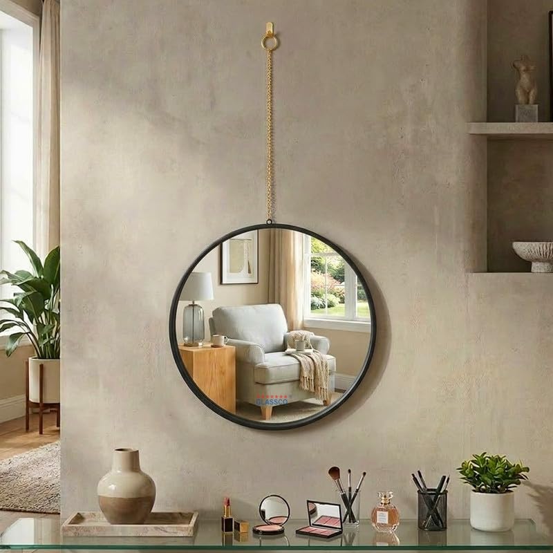 Glassco Wall Mirror for Home Décor, Living Room, Bedroom Entry Way, with Hanging Chain Round Shape for Decoration 23.5 cm *55.5 cm Black Framed-image-44