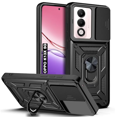 Image of AESTMO Tough Armor Oppo K13X 5G Bumper Back Case Cover | Ring Holder & Sliding Camera Shield Cover | 360 Degree Protection Back Case Cover for Oppo K13X 5G (Black)