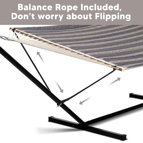Image of SUNCREAT Hammock with Stand 2 Person Heavy Duty, Freestanding Hammock with Spreader Bar, Soft Pillow, Gray Stripes