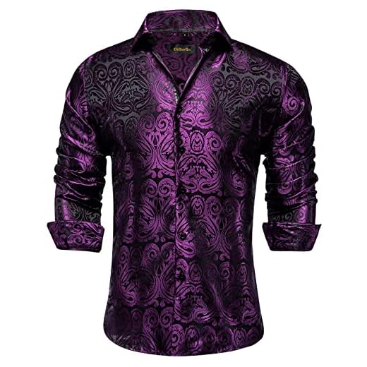 DiBanGu Camisa social masculina de seda paisley floral manga longa com botões, Preto, roxo, paisley, M