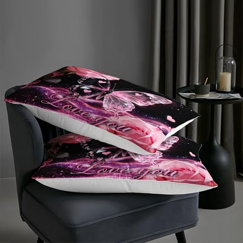 Image of AILONEN Pink Butterfly Bedding Set Queen Size,Romantic Rose Hearts Comforter with 2 Pillowcases,3-Piece Pink & Black Glitter Quilt Set for Girls Teens Women