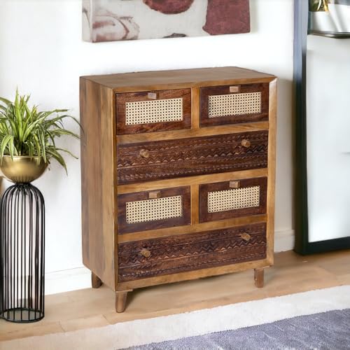 Image of Solid Wood Luffy Chest of Drawers | Chest of Drawers for Storage | 6 Drawer Dresser | Natural Cane | Finish- Light Brown and Tubaq
