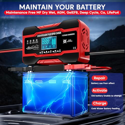 Image of Sounce 10-Amp 12V & 24V Fully Automatic Smart Car Battery Charger: Battery Maintainer, Trickle Charger & Desulfator with Intelligent LCD Display, Advanced Repair Mode - Compatible with AGM, Gel, SLA