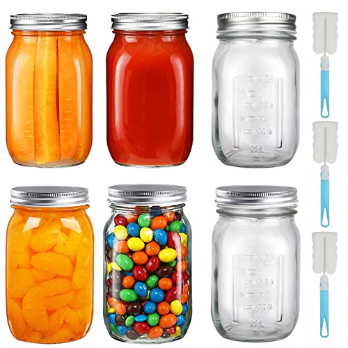 GOYADA Lot de 6 Mason Jar 500ml, Bocaux en Verre avec Couvercle, Bocaux Mason Jar pour Conserver Confiture, Miel, Yaourt, Fruits, Sauces- Avec 3 Brosse à Bocal