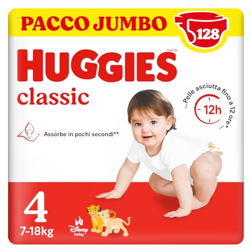 Huggies Classic, Pannolini Taglia 4 (7-14Kg), Protezione completa, Pacco Jumbo, 128 Pz