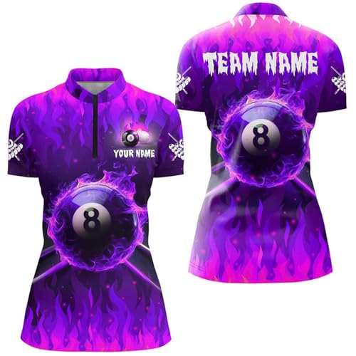 Personalized Purple 3D 8 Ball Pool Cue Fire Women Quarter Zip Shirt Custom Billiard Apparel T1436
