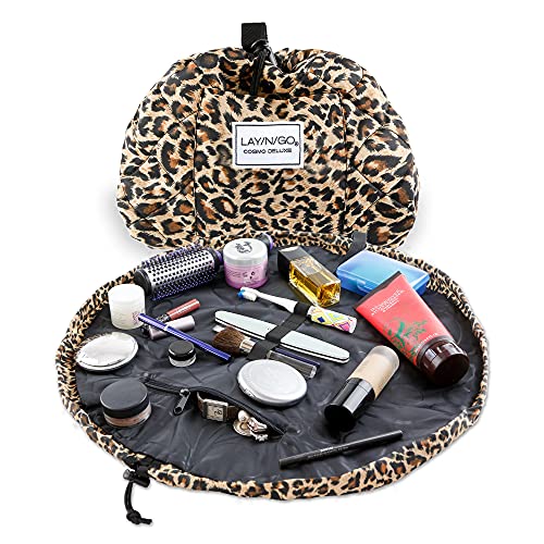 Lay-n-Go Cosmo Deluxe Drawstring Makeup Organizer Cosmetic & Toiletry Bag for Travel, and Daily Use with a Durable Patented Design, 22 inch, Leopard