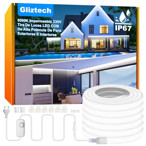 Striscia LED COB Esterno Impermeabile IP67 Spina Diretta, 20M Striscia Led 220V Luminosità per Esterni con Doppio Controller Fusibile, 6500K LED COB Bianca per Commerciali da Giardino e Patio