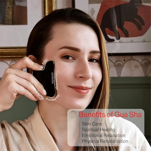 Image of Black Jade Gua Sha Scraping Tool - Ntural Skincare Stone for Tightening Skin, Enhancing Blood Flow, Sculpting the Jawline, and Relieving Facial Tension - Anti-Aging Facial Tool (Black)