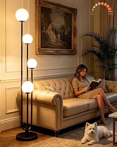 Image of 63IN 4-Light Dimmable Floor Lamp, Unique Black Tall Standing Lamps with Globe Shade &3000K Bulbs for Reading, Mid Century Modern Floor Lamp with 5Lbs Heavy Base for Living Room Bedroom Office