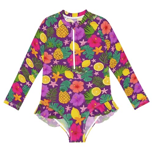 ALAZA Toddler Swimsuit Girl Bathing Suit Swimwear Rash Guard Pineapple Hibiscus Flower Long Sleeve 3T