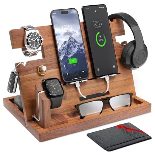ETERLUCK Wooden Docking Station Men, Nightstand Organizer Bundle w/ RFID Blocking Leather Wallet - Charging Station, Cell Phone Stand, Tablet Stand, Husband Gifts from Wife, for Dad - Walnut