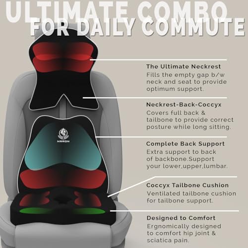 Image of MRRON Memory Foam Posture Corrector Car Seat Cushions Combo | Orthopedic Backrest, Coccyx Cushion & Neckrest | Ergonomic Lumbar Comfort Seat Cushion | Reduces Sciatica (Black, Slim backrest)
