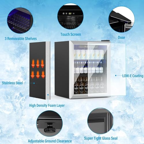 Image of Erivess Compact Beverage Refrigerator, 76 Can /1.7 Cu Ft Mini Fridge, Silver | Adjustable Shelves & Digital Display Small Fridge for Soda, Under Counter Freestanding Glass Door Mini Cooler for Home