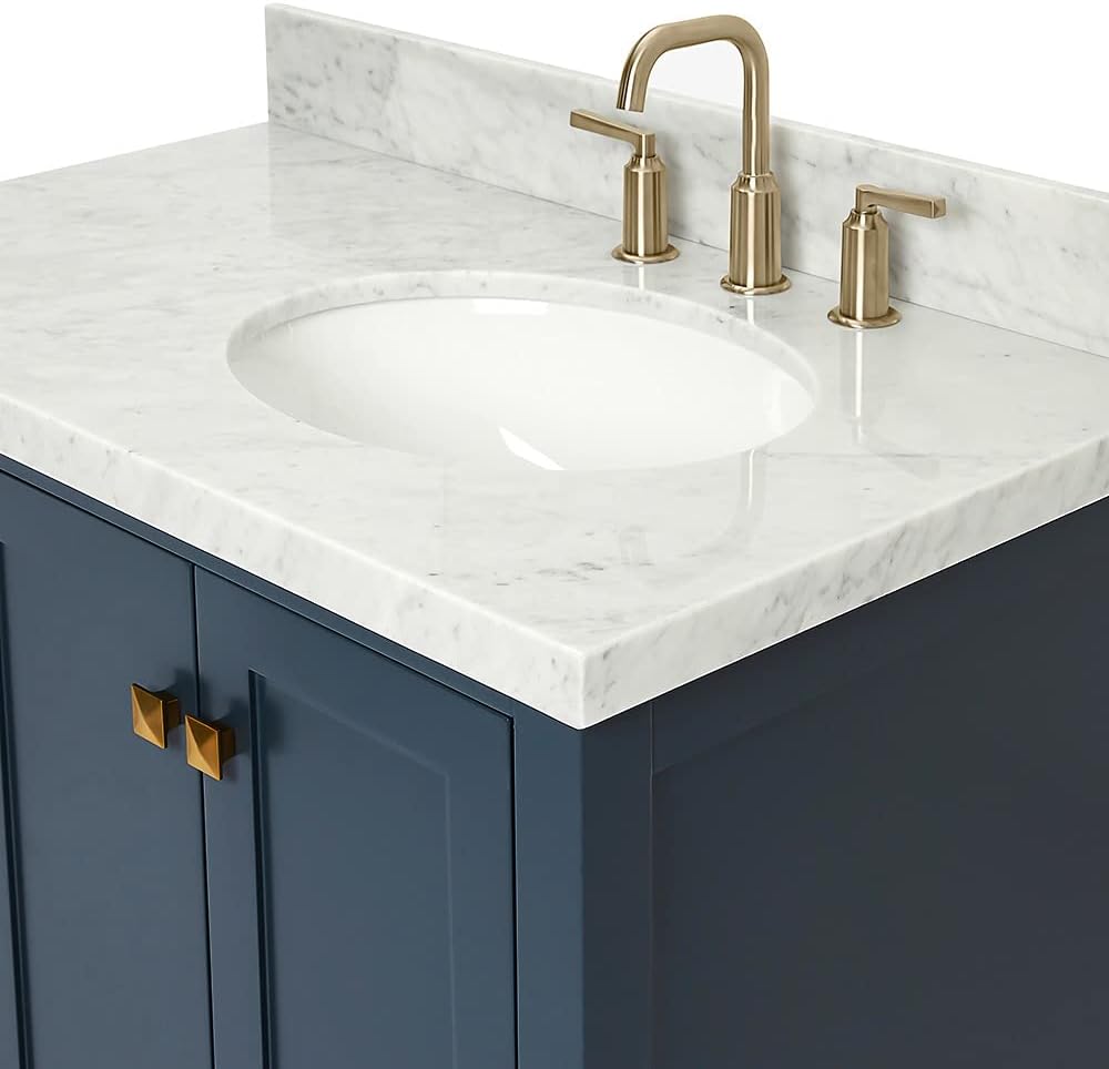 ARIEL Cambridge A037S-R-VO-MNB 37" Inch Single Right Offset Round Oval Sink Solid Wood Midnight Blue Bathroom Vanity Cabinet with 1.5" Inch Edge White Carrara Marble Countertop and Backsplash