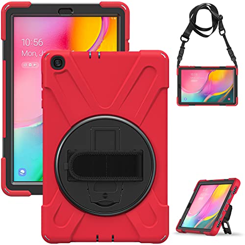 Protection Samsung Galaxy Tab A 2019 10.1 antichoc avec béquille rotative et dragonne main rouge