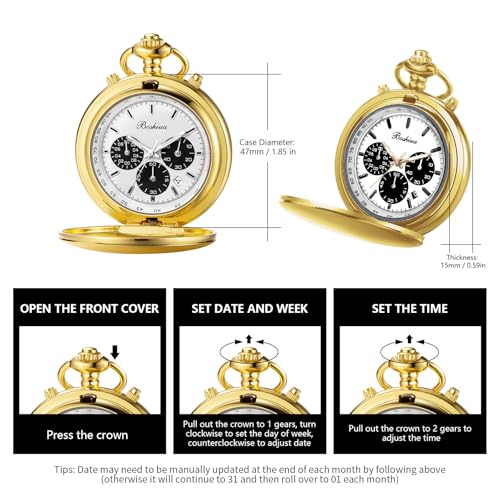 Image of BOSHIYA Multifunctional Stopwatch Calendar Silver Gold Black Pocket Watch with Bracelet