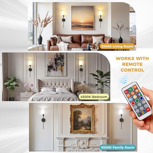 Image of DORESshop Battery Operated Wall Sconce Set of 2, Wireless Wall Light Easy to Install, 10 Color, Sconce Wall Decor Set of 2 for Bedroom, Living Room, Black and Milky White Glass Shade, 24.3in