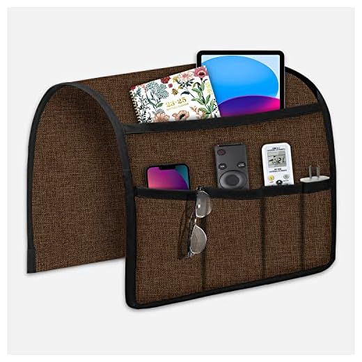 Joywell Sofa Armrest Organizer, Remote Control Holder for Recliner Couch, Arm Chair Caddy with 5 Pockets for Magazine, Tablet, Phone, iPad, Brown