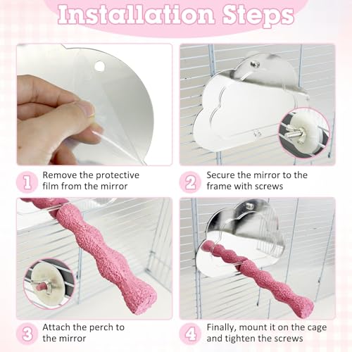 Image of PINVNBY 2 PCS Bird Perch with Mirror Resin Parakeet Perches Hanging Parrot Toys Interactive Bird Cage Accessories for Cockatiel Conure Lovebird Finch (Pink)