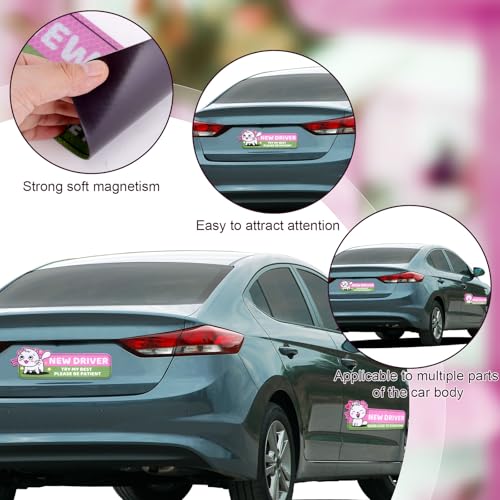 Image of 3pcs Magnetic Student Driver Stickers, Cat Novice Driver Magnet Adhesive Style Reflective New Driver Stickers Novice Driver Logo Gift for New Student Learner Driver Car Bumper Safety Sign