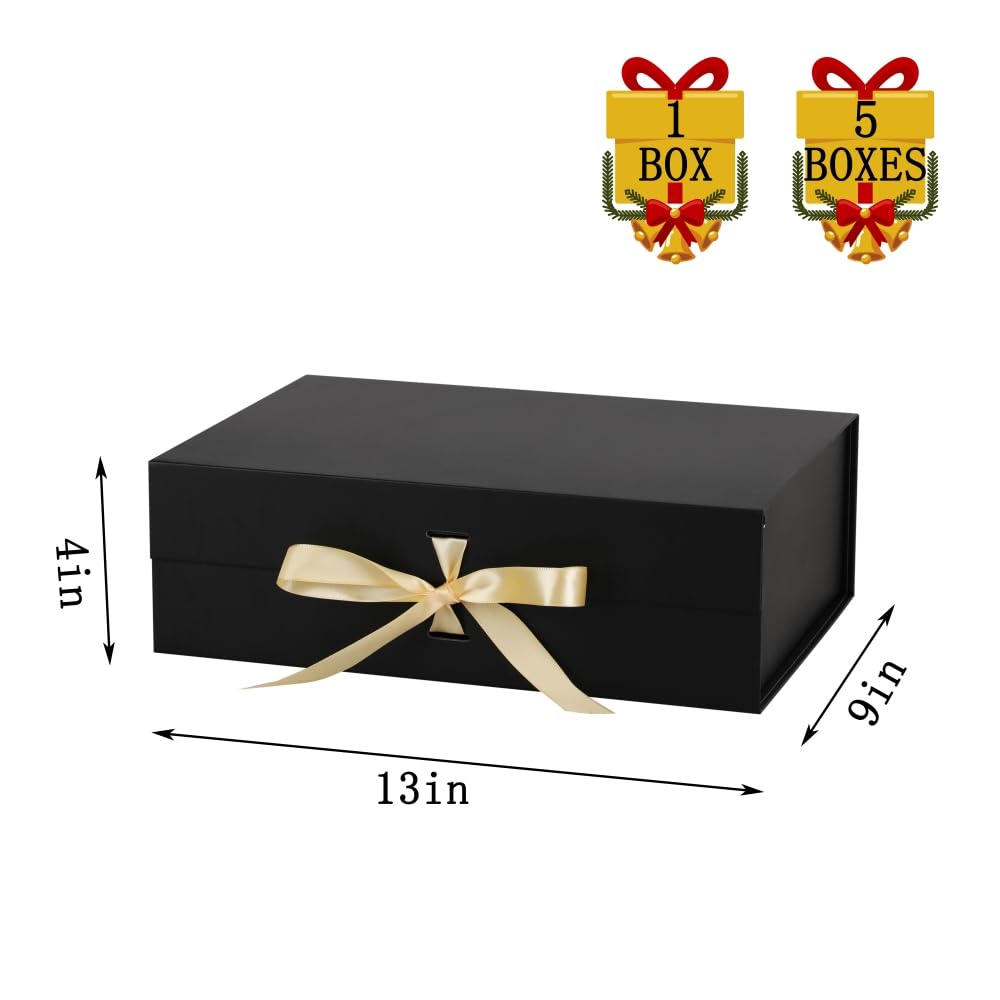 Scatole regalo grandi con coperchio, confezione da 5 pezzi, 33 x 22 x 10 cm, grandi scatole regalo nere con nastro, scatole regalo pieghevoli per regali, festa del papà, scatola per proposte dello