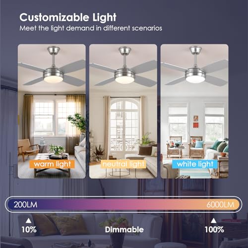 Asyko 42 Inch Ceiling Fans With Lights, Modern Ceiling Fan With Lights And Remote Control/App, Reversible Dc Motor And Dimming, Low Profile Ceiling Fans For Indoor Bedroom, Brushed Nickel thumb #4