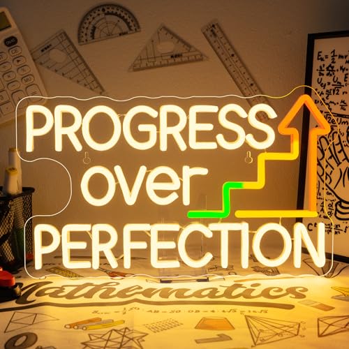 Image of Horseneon Progress Over Perfection Neon Sign Classroom LED Wall Decor for Students, Teachers & Study Areas, USB-Powered with Adjustable Brightness