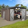 GVDV 10x14 FT Outdoor Metal Storage Shed, Durable Garden Shed with Updated Frame Structure for Backyard, Patio, Tool Storage, All-Weather Shelter for Bike, Gardening Tools, Lawn Mowers, Grey