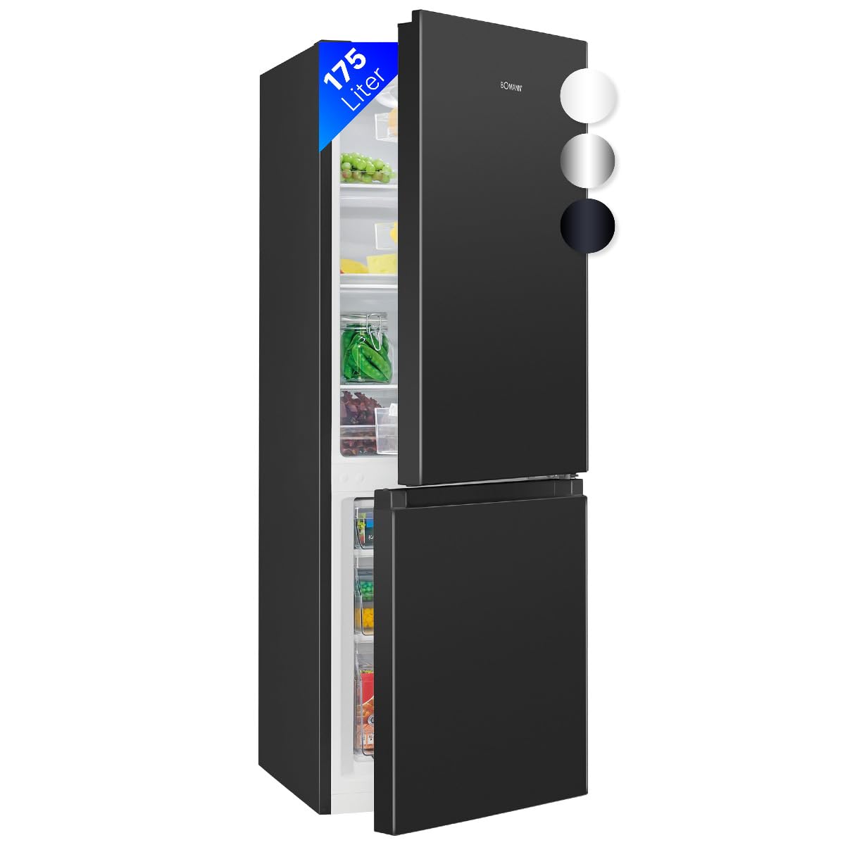 Bomann Combinazione frigo-congelatore KG 322.1, vano frigorifero 122 litri, vano congelatore 53 litri, illuminazione interna a LED, cerniera porta sostituibile, etichetta 4 stelle, nero