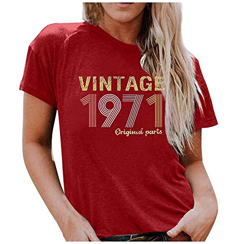 ZEFOTIM 50th Birthday Gift Womens Shirt Vintage 1971 Original Parts Tee Funny Birthday Greeting Party Casual Tops Blouse(Wine,XXX-Large)