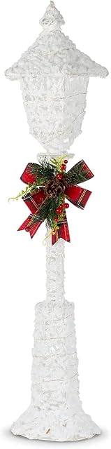 Christmas Seasonal 3ft Glitter Lamp Post Decorative Beautiful Light Up White Red Bow Snow Battery Operated Indoor Outdoor Home Décor Party Xmas 25 Bright Warm White LEDs Tall 90cm