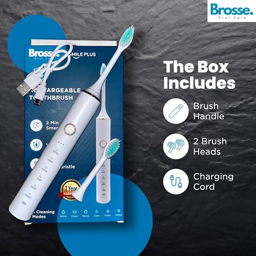 Image of Brosse. SmilePlus Sonic Electric Toothbrush for Adults,Rechargable Toothbrush with 50 days battery, 37000 VPM Deep Clean with 6 Modes. 2 Min. Timer (Black)