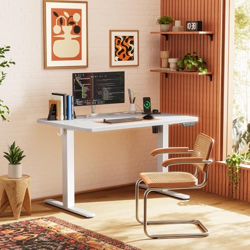 Image of Huuger Electric Standing Desk with Power Outlets and USB-C Port, 39 X 24 Inch Height Adjustable Desk, Sit Stand Desk for Home Office, Computer & Gaming Desk with 4 Presets, Stable Steel Frame, White