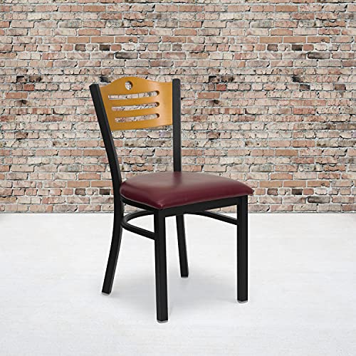 Image of Flash Furniture HERCULES Series Black Slat Back Metal Restaurant Chair - Natural Wood Back, Burgundy Vinyl Seat