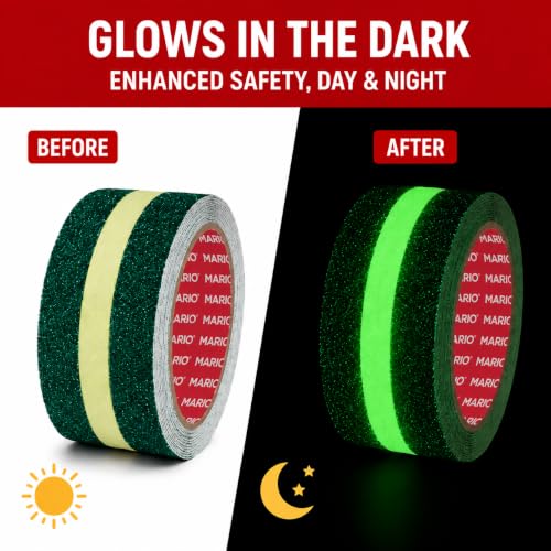 Image of Mario Green Anti-Skid Glow-in-the-Dark Tape Width 50mm x Length 5mtr (16.5 feet) | High Grip Waterproof Anti-Slip Safety Tape | Self Adhesive Non-Slip Tape for Stairs & Dark Areas | Pack of 1pc